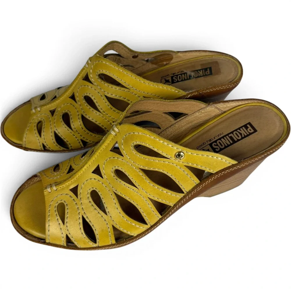 Pikolinos Womens 38 Yellow Leather Cutout Wedge Mules Sandals Peep Toe Spain